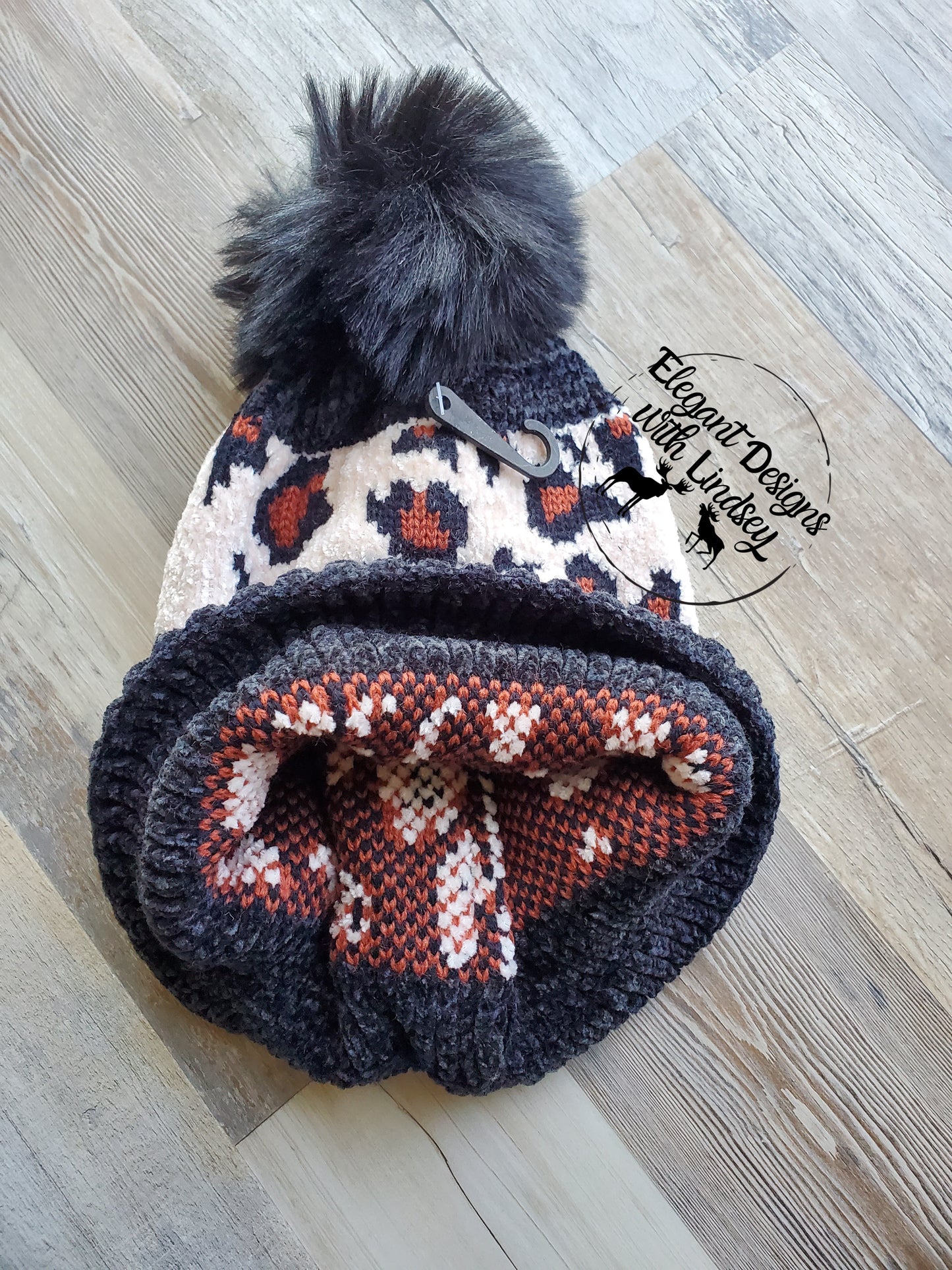 Black Leopard print winters hat with pom