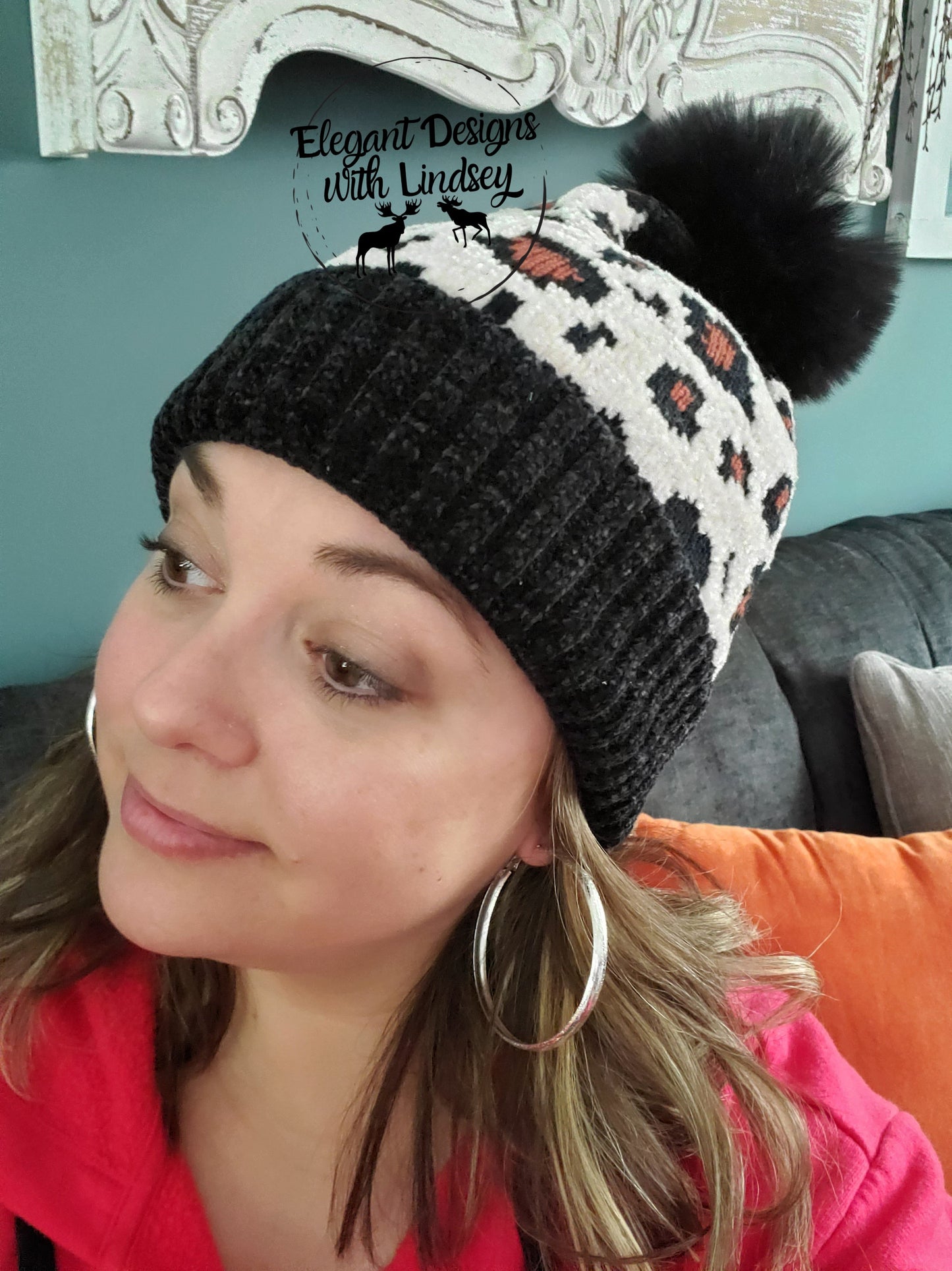 Black Leopard print winters hat with pom