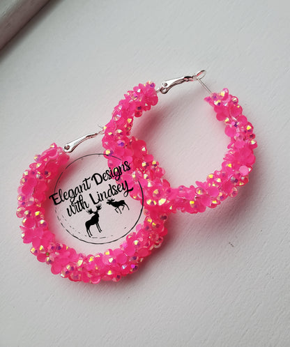 Bright Pink Large Chunky Rhinestone Hoop Earrings