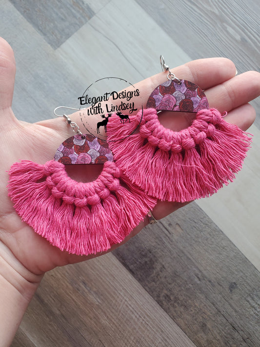 Rose Printed Wood Macrame Earrings