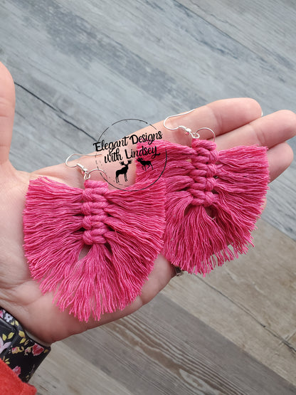 Pink Feather Macrame Earrings