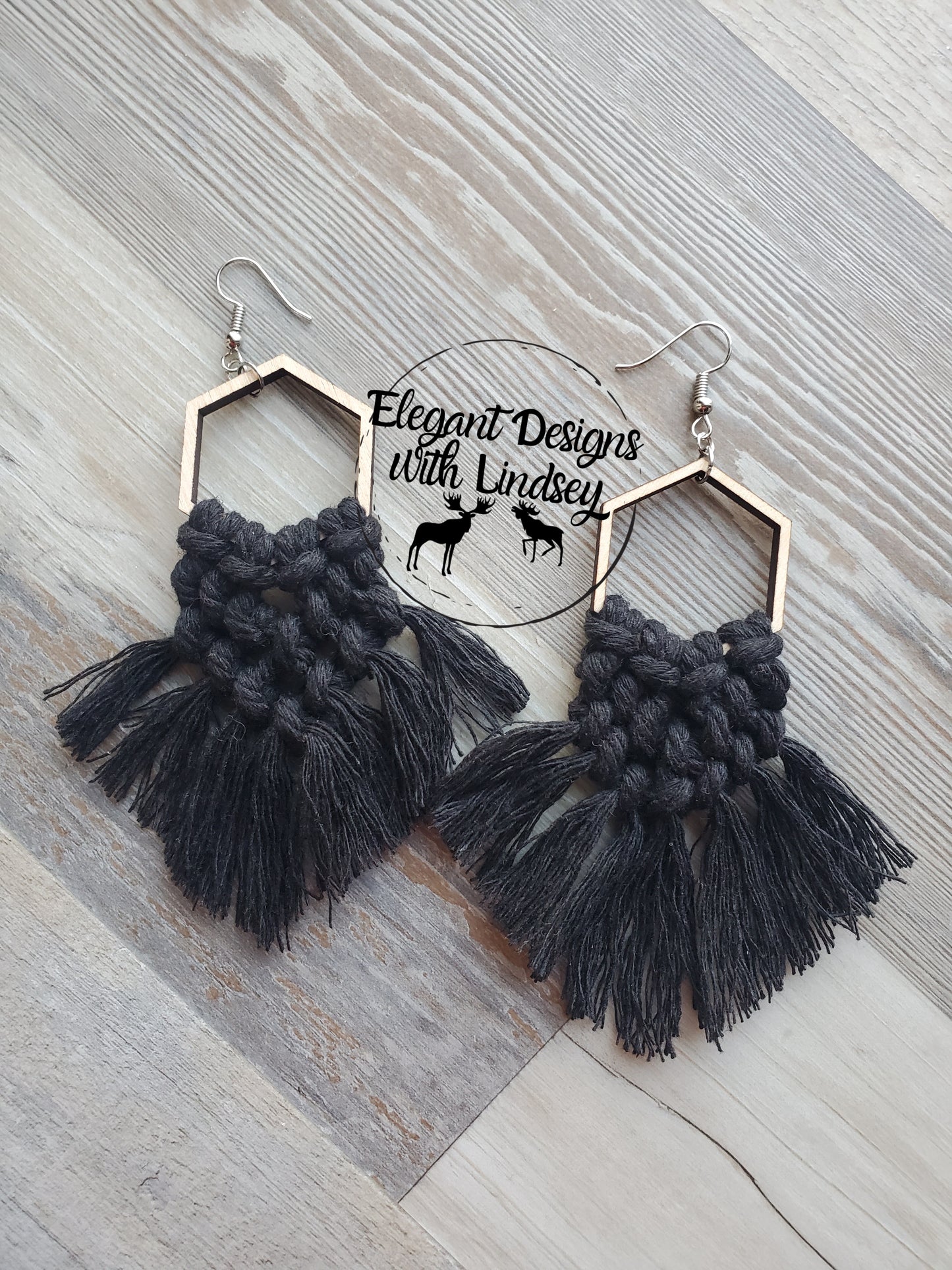 Hexagon Wood Macrame Earrings