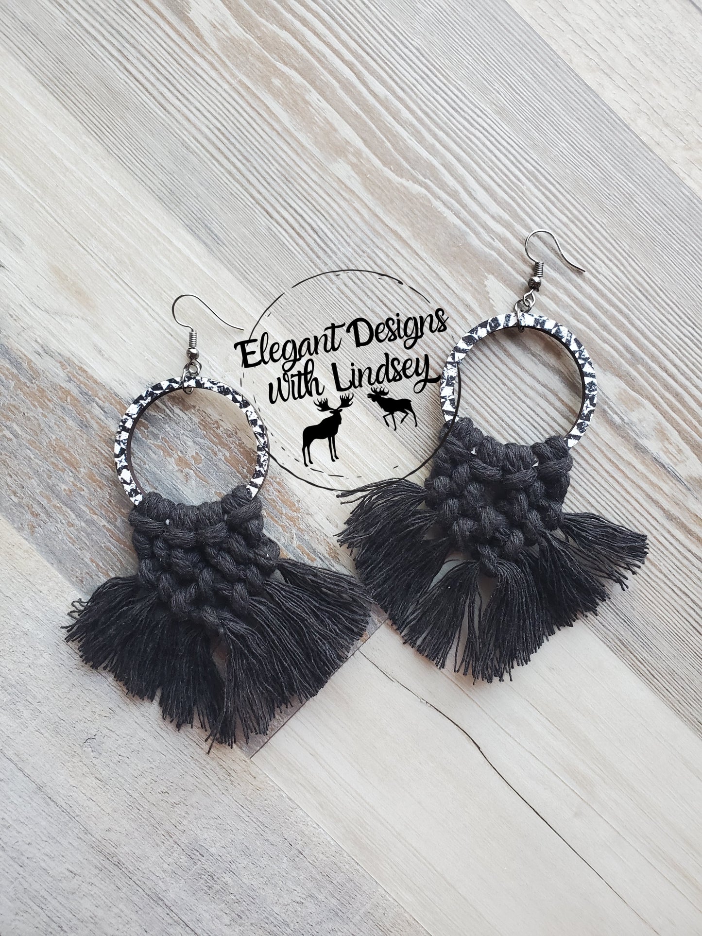 Black/White Printed Wood Macrame Earrings