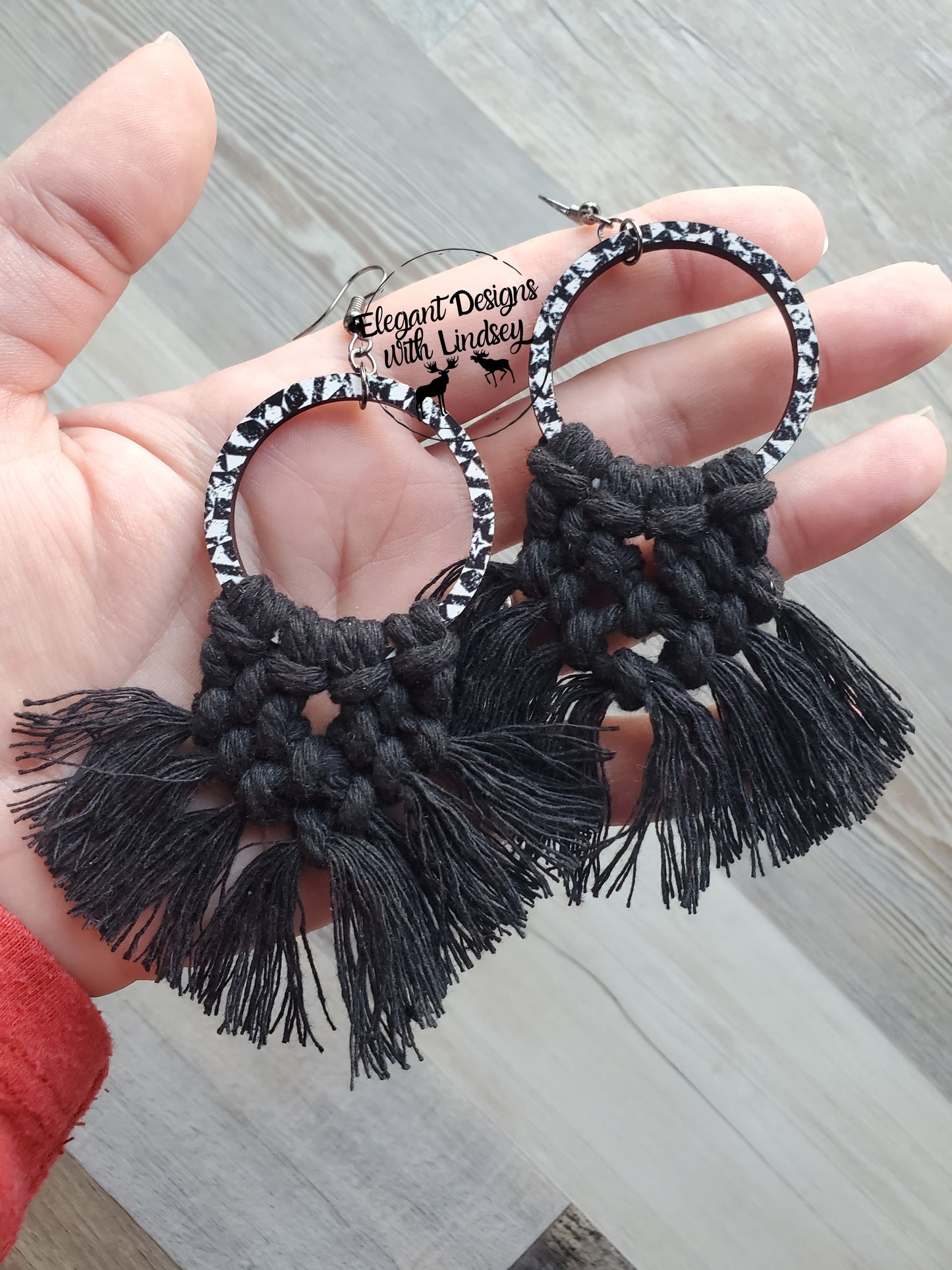 Black/White Printed Wood Macrame Earrings