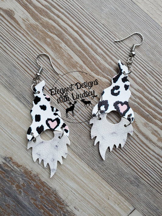 Heart cheetah gnome faux leather earrings-m