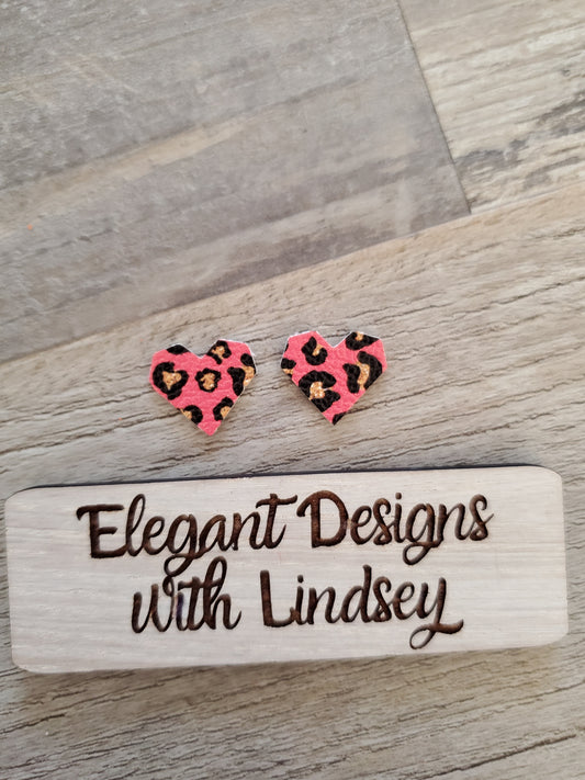 Pink Cheetah Stud Faux Leather Earrings