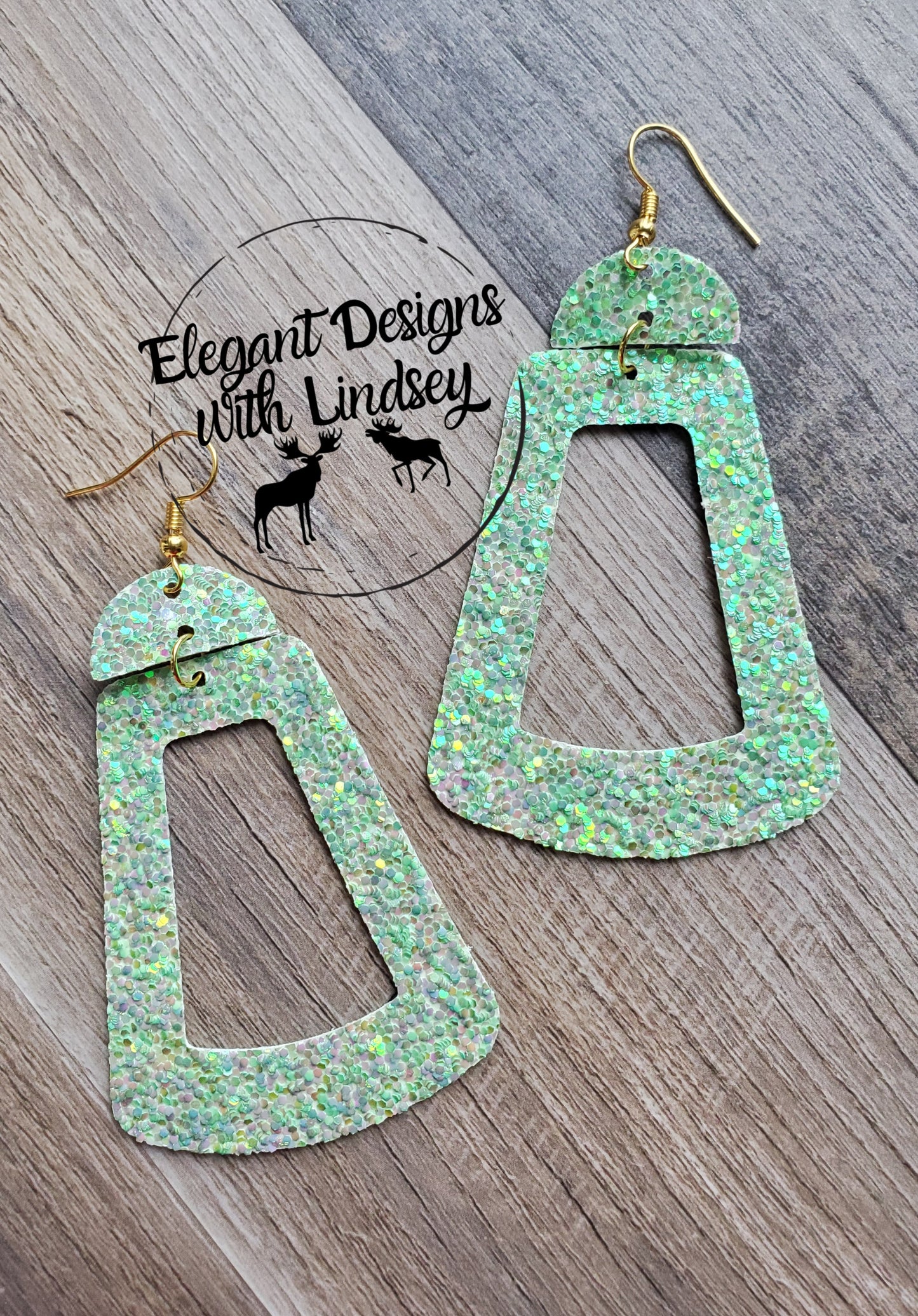 Glitter Green Large Geometric Triangle Faux Leather Earrings