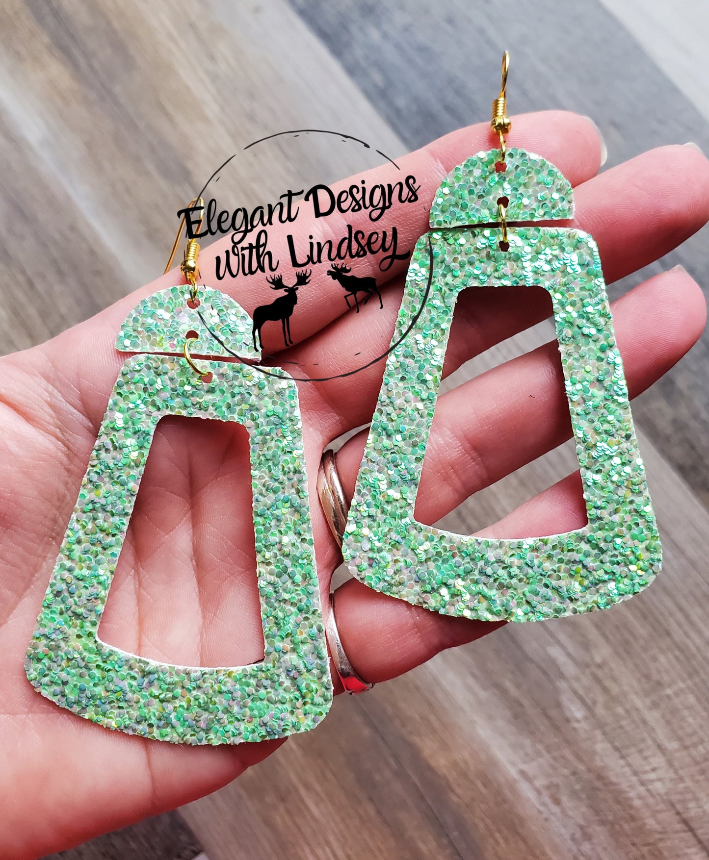 Glitter Green Large Geometric Triangle Faux Leather Earrings