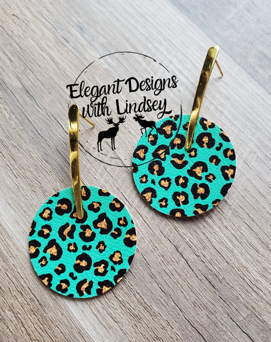 Green Cheetah Circle Faux leather post earrings