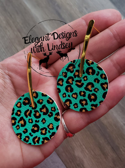 Green Cheetah Circle Faux leather post earrings