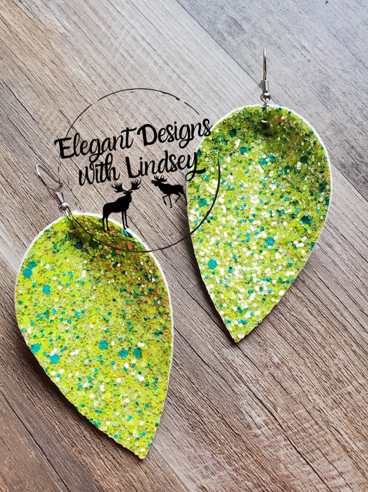 Green Glitter Pinched Faux leather earrings