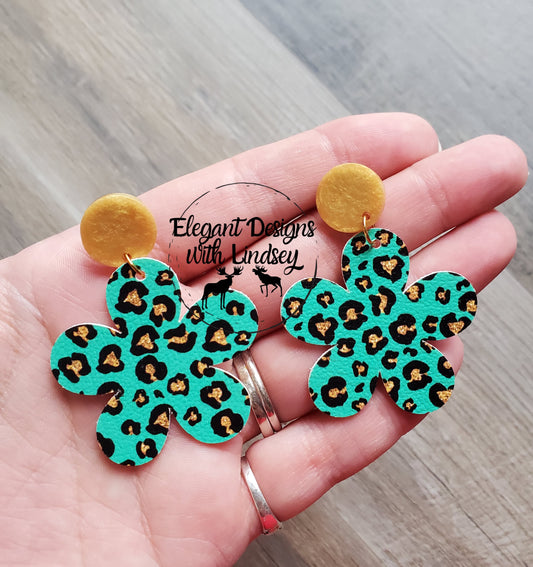 Green Cheetah Heart Faux leather Post Earrings