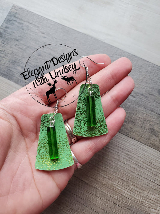 Pebble Green Small Geometric Triangle W/Glass Bead Faux Leather Earrings