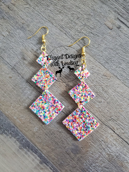 Multi-colored Glitter Square Dangle Faux Leather Earrings