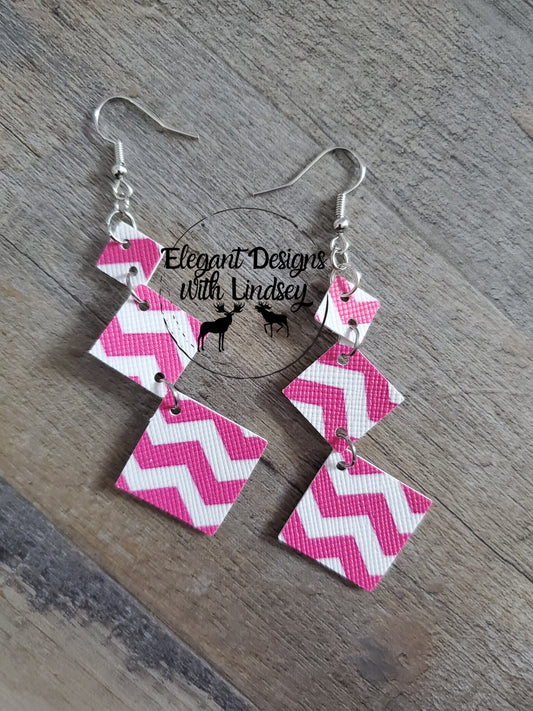 Pink ZigZag Square Dangle Faux Leather Earrings