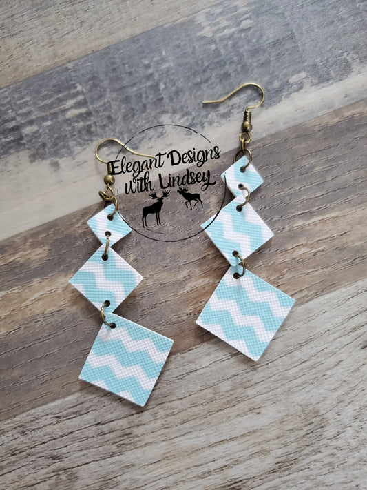 Blue ZigZag Square Dangle Faux Leather Earrings