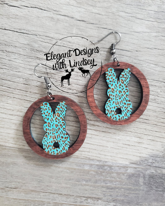 Teal Cheetah Bunny Wood Earrings