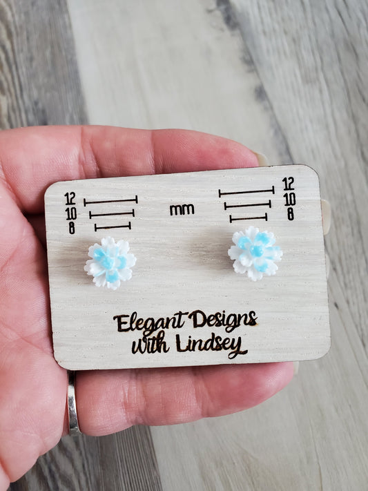 Children's White/Blue Carnations Stud Earrings (GLOW-IN-THE-DARK)