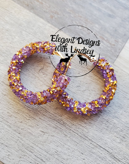 Purple/Gold Chunky Rhinestone Hoop Earrings