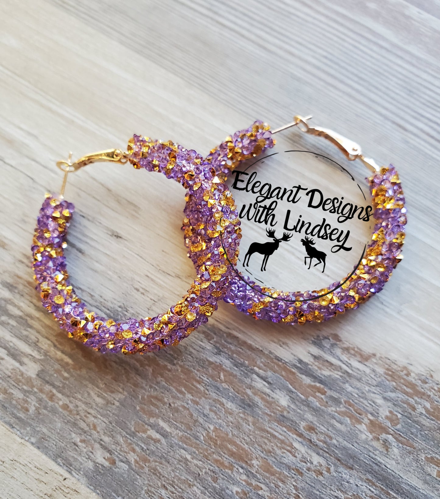 Purple/Gold Chunky Rhinestone Hoop Earrings